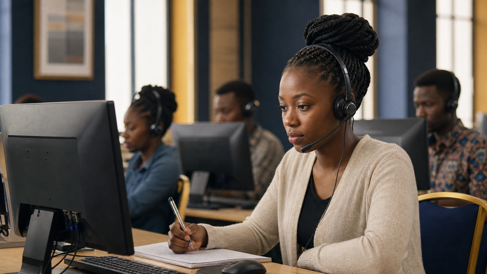 Apprenants africains travaillant avec des casques dans une salle informatique